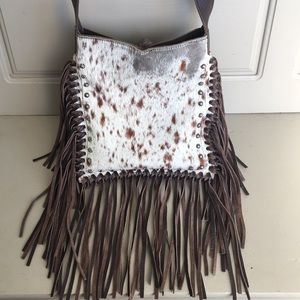 Raviani Brown & White Hair-on Cowhide Fringe Genuine Leather Crossbody (…